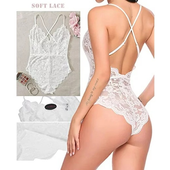 New White Open Panel Mid Section Snap Closure Bodysuit Teddy Sz S - Picture 2 of 7
